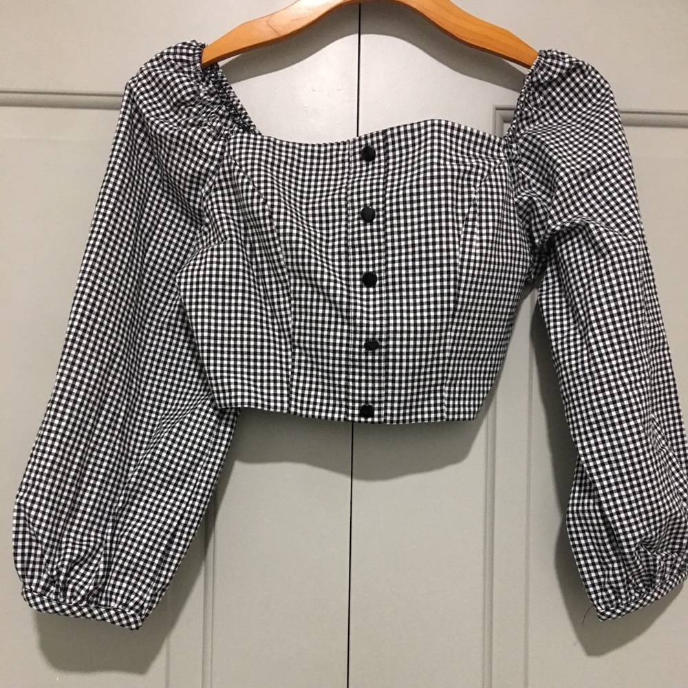 Gingham off the shoulder crop.